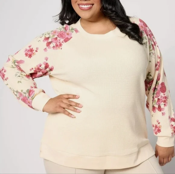 Belle by Kim Gravel Baby Waffle Indigo Floral Sweatshirt Ecru 2X - Picture 1 of 8